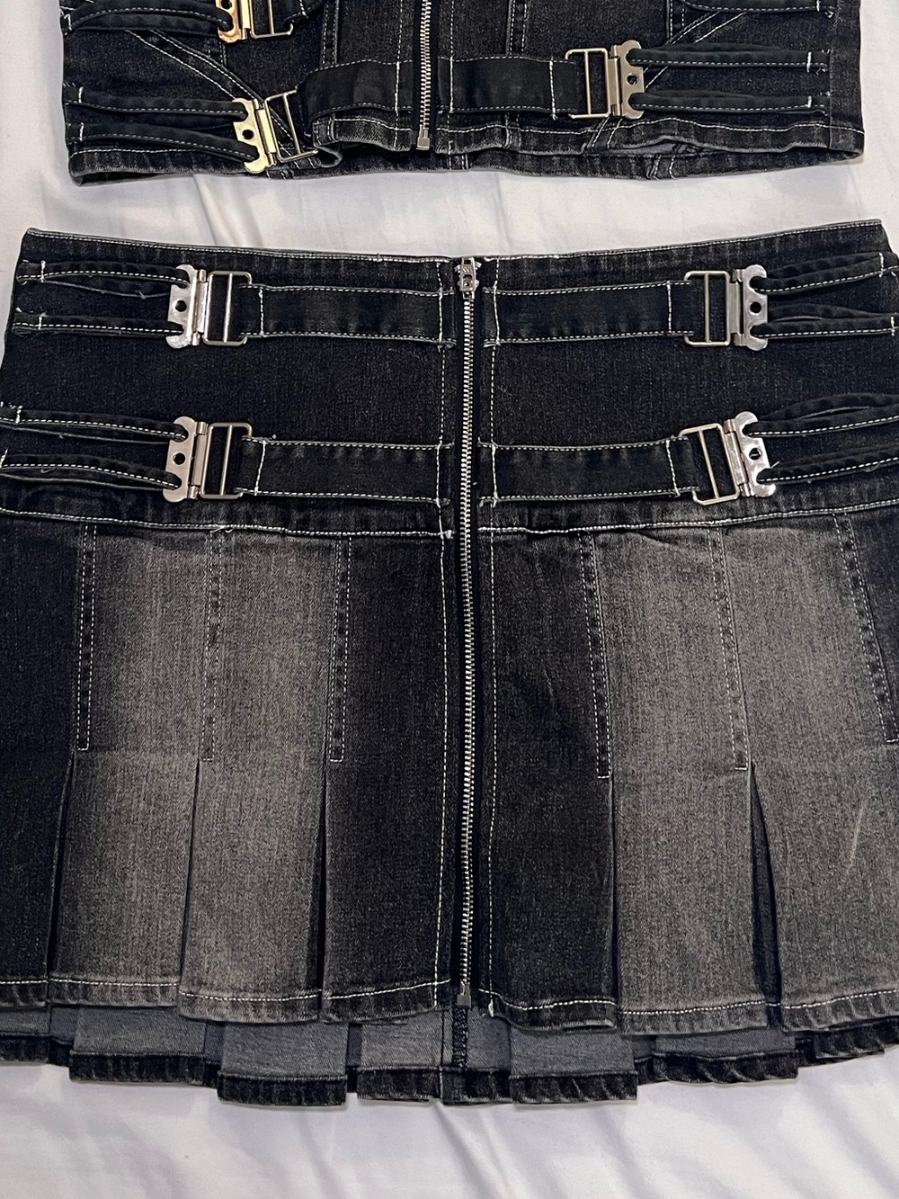 Black Distressed Denim Mini Skirt with Buckle Straps